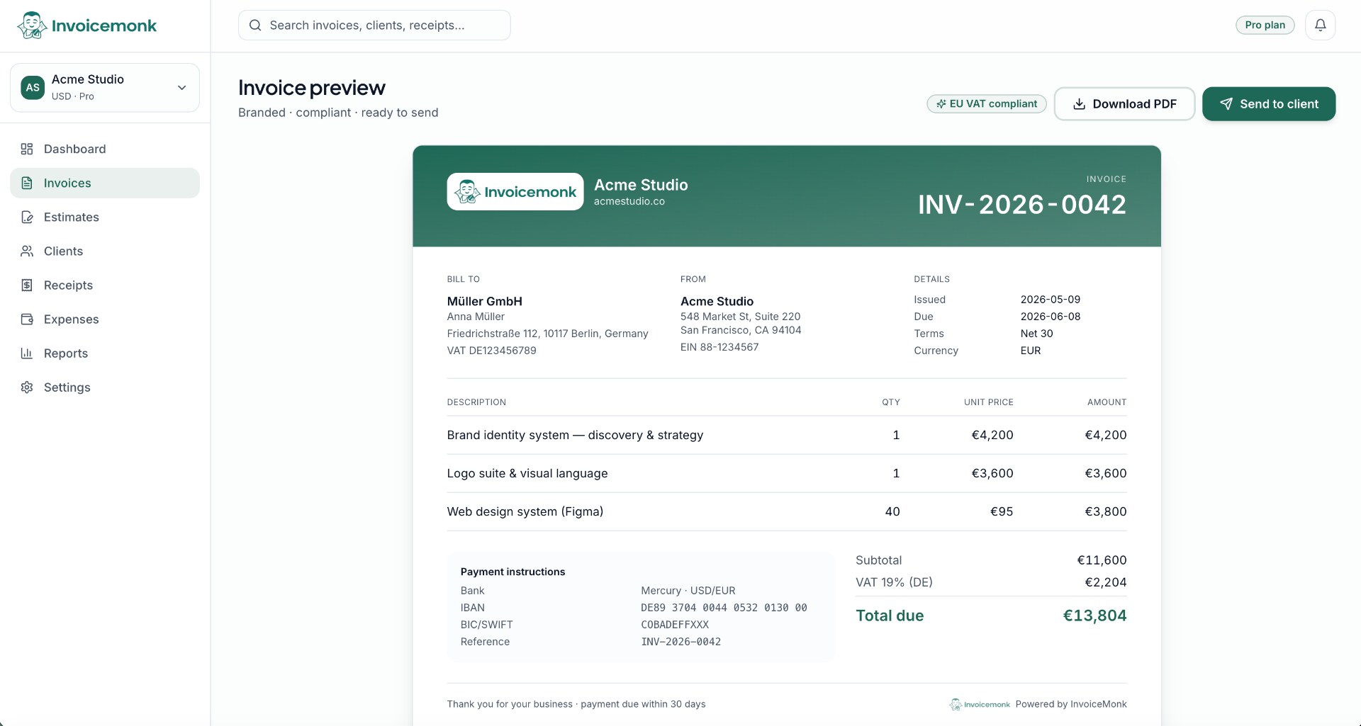 Professional invoice on screen