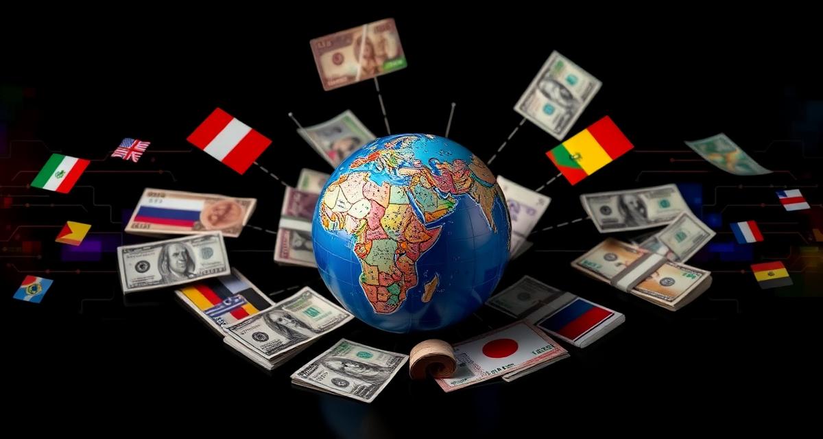 World map showing international payment corridors with currency symbols