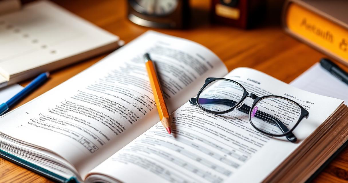 Open accounting textbook with glasses and pencil on desk