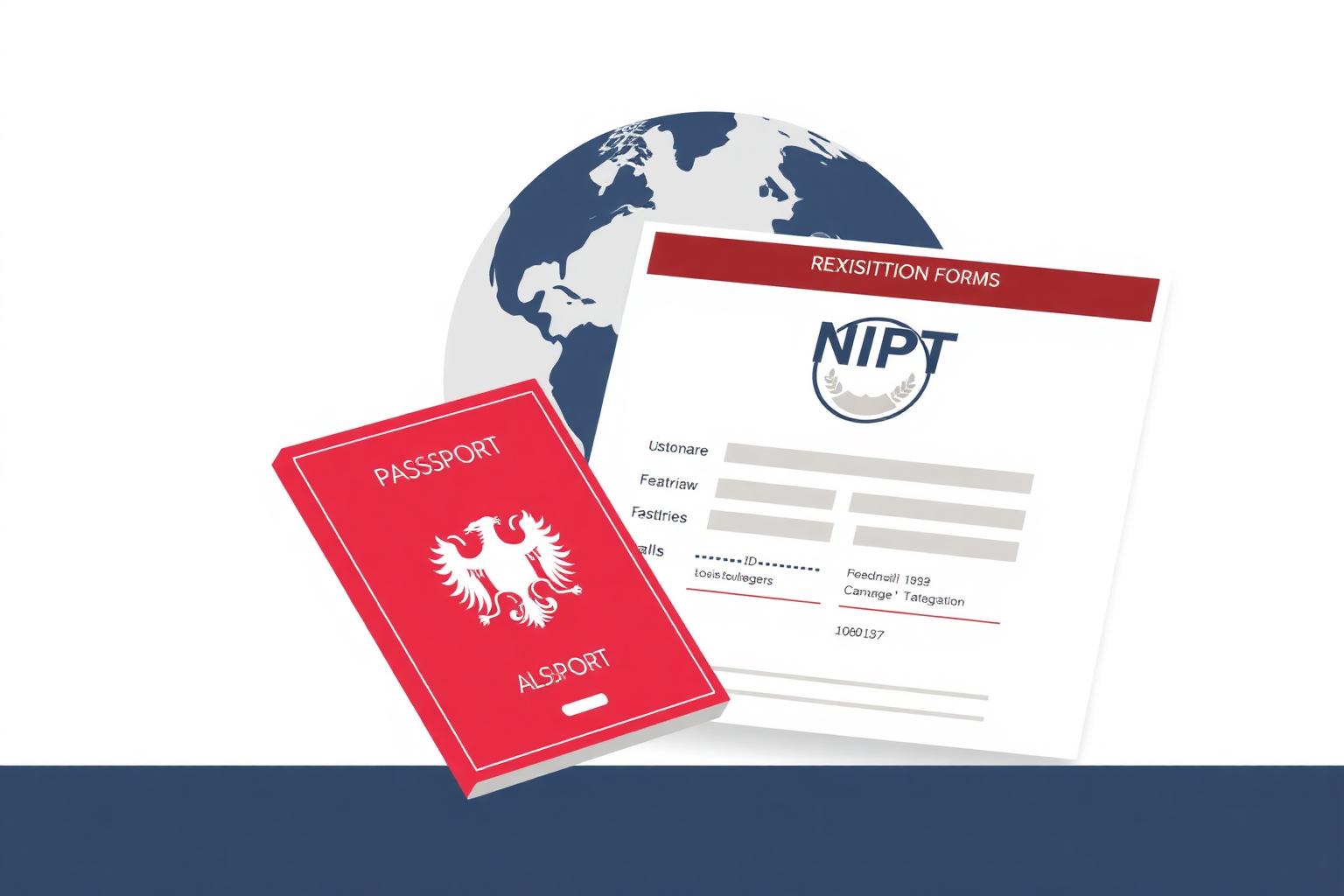 Passport and globe beside an Albanian NIPT tax-ID form for foreign companies