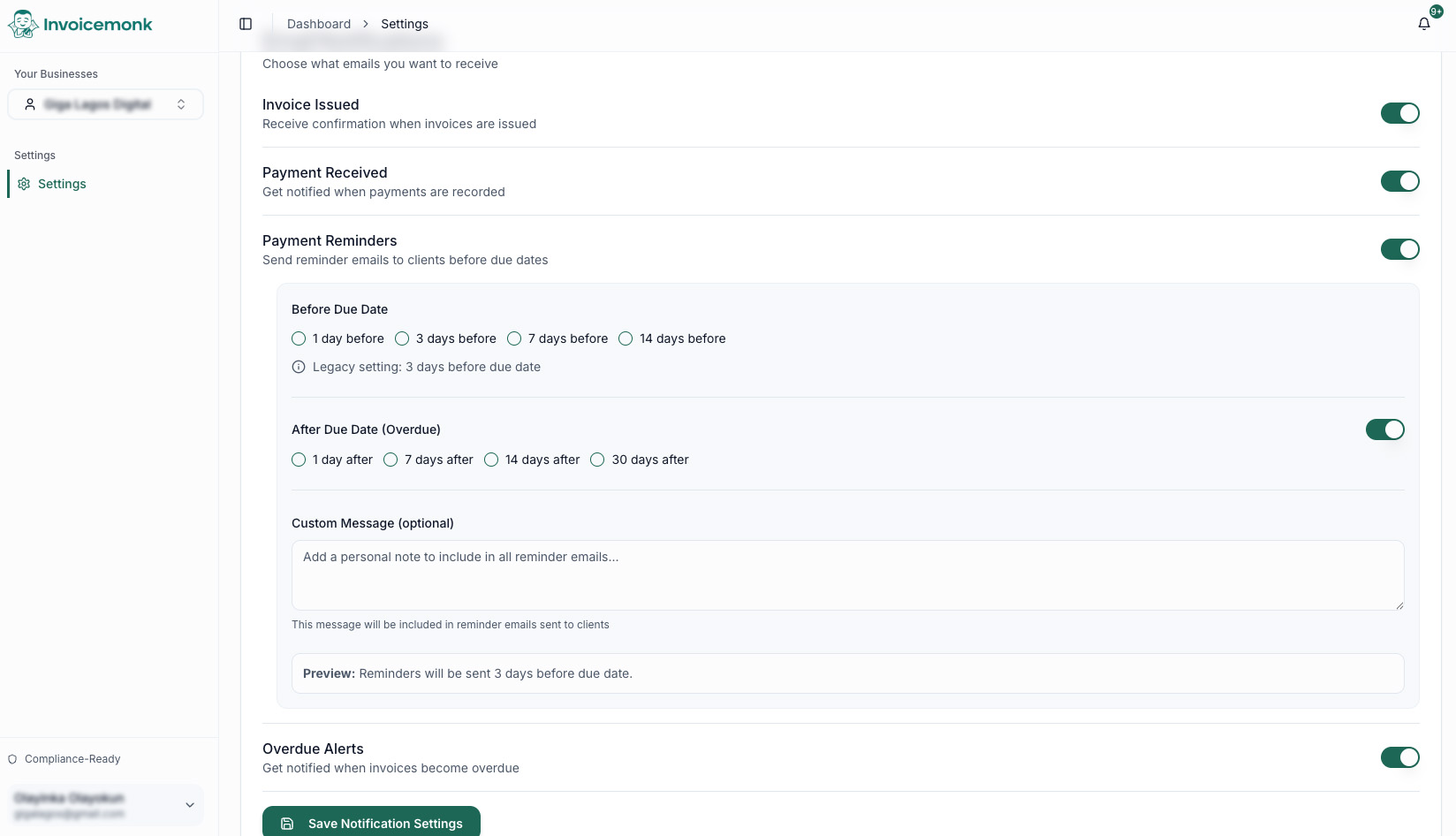Invoicemonk payment reminder settings with before-due and overdue intervals