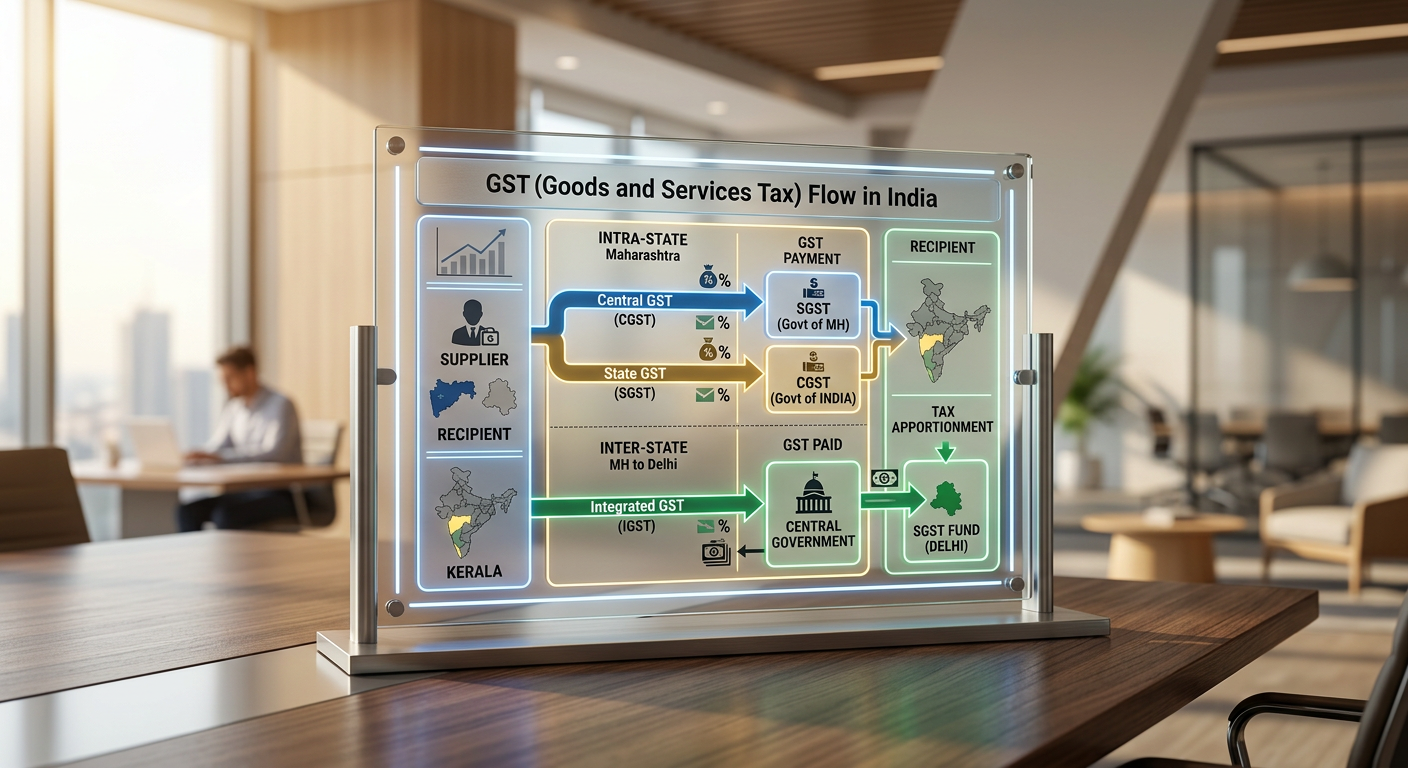 Editorial illustration of India's e-invoicing compliance workflow for the india cgst sgst igst explained guide