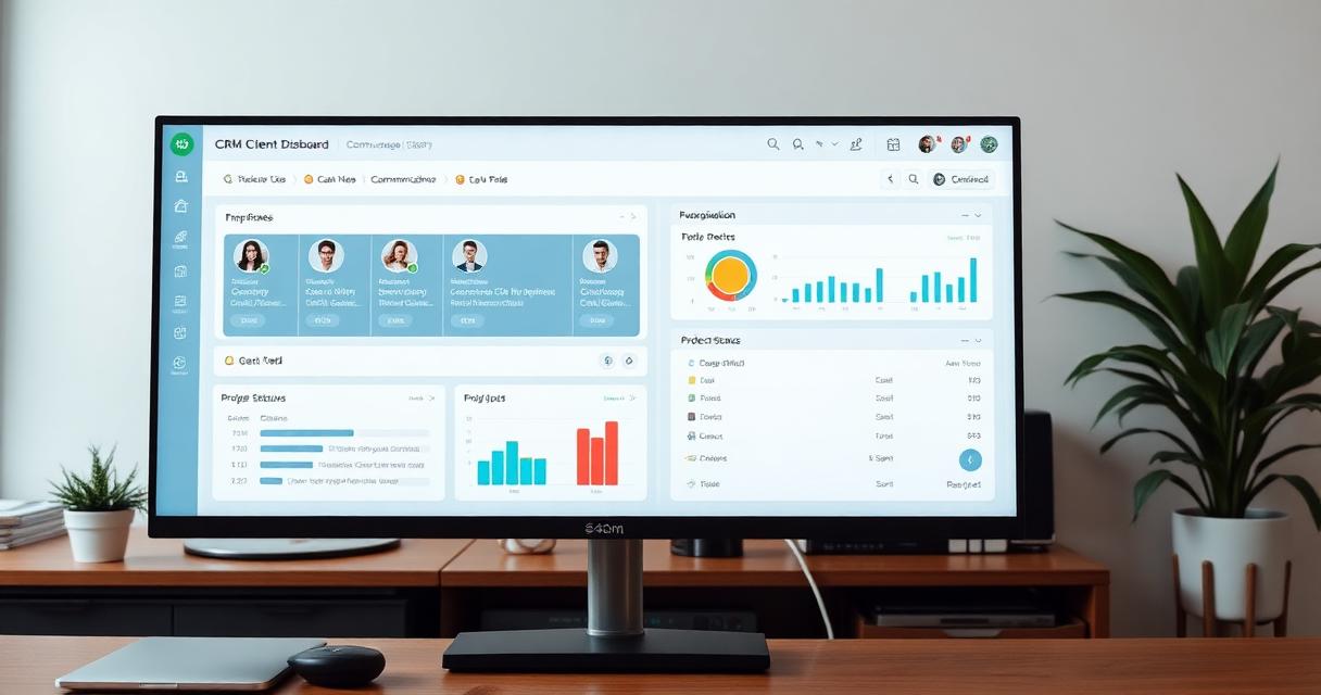 CRM dashboard showing client profiles and project status
