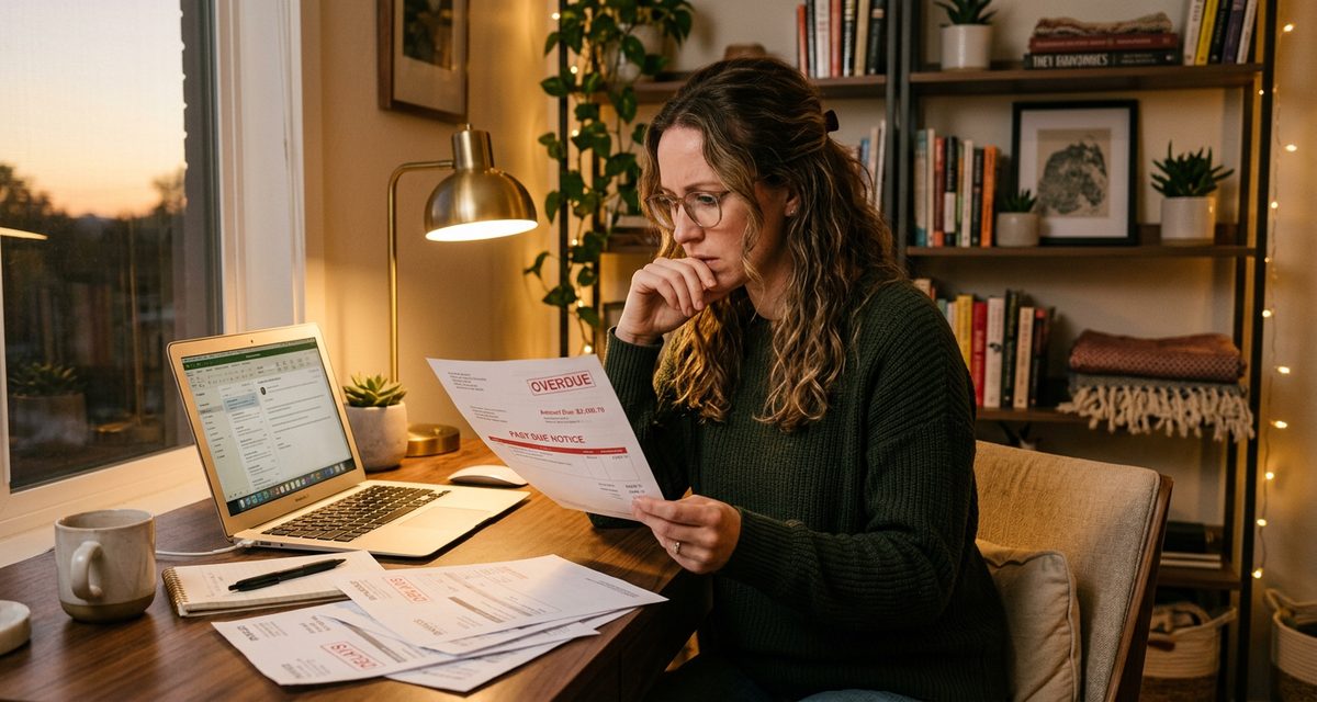 Frustrated freelancer reviewing unpaid invoices and considering collection options