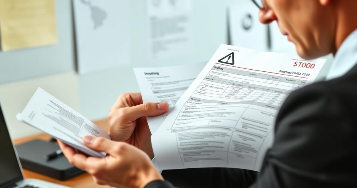 Professional reviewing problematic client documents with warning signs