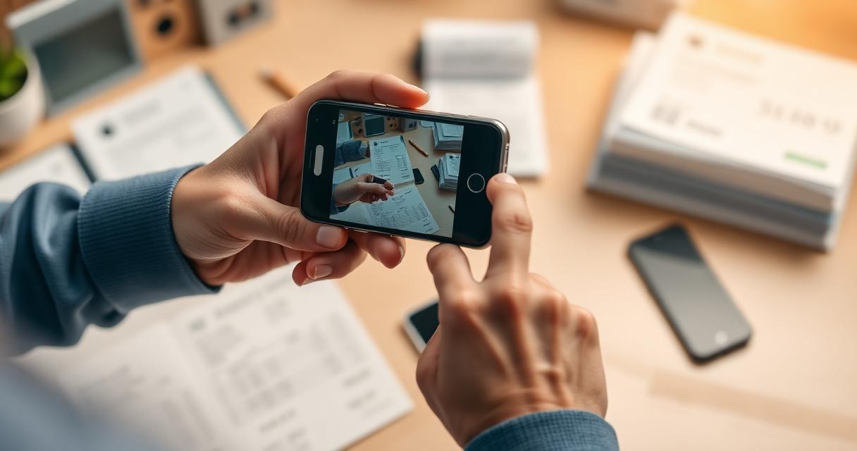 Person scanning paper receipt with smartphone for digital management