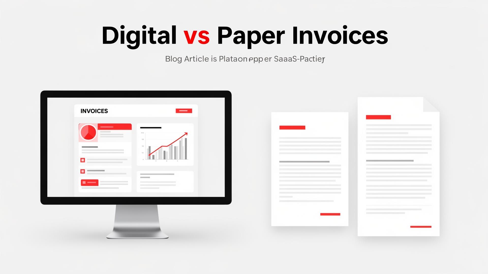 Digital invoice on laptop screen compared to paper invoices on desk
