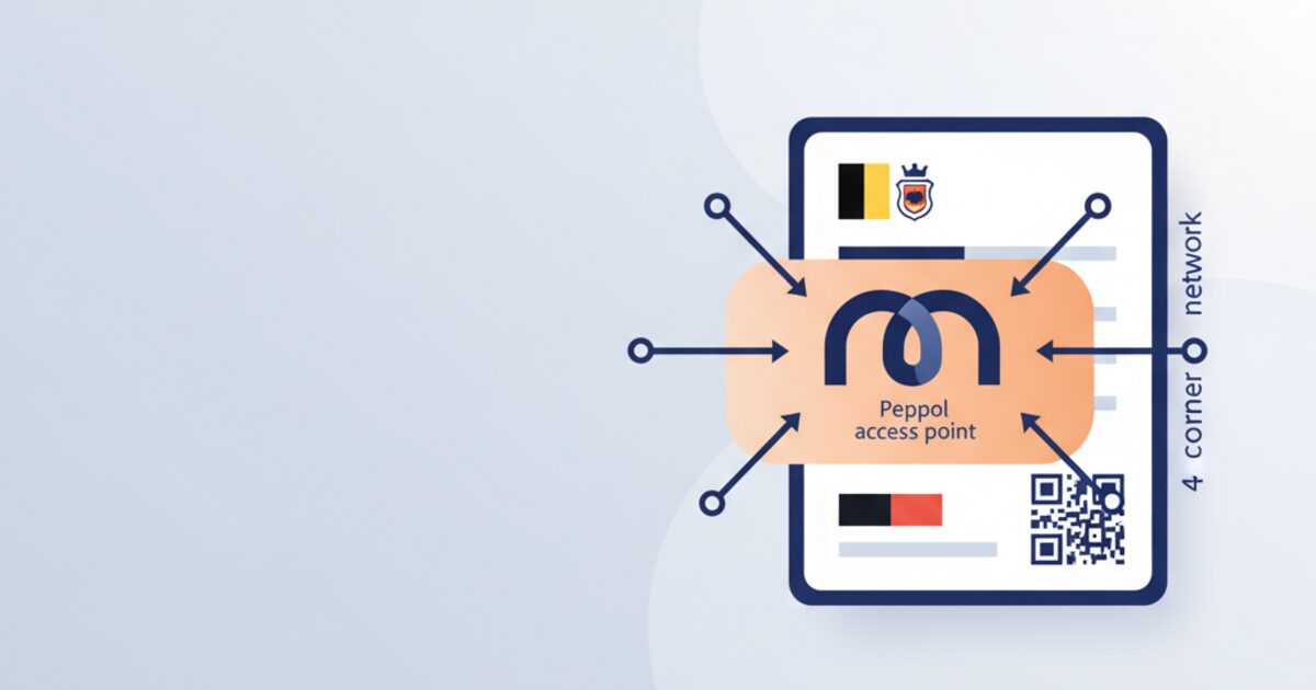 Editorial illustration of Belgium's Peppol four-corner network exchange for the belgium peppol access point guide guide