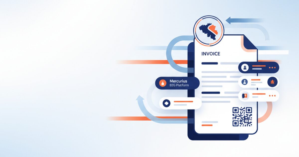 Editorial illustration of Belgium's FACe B2G invoicing portal workflow for the belgium e invoicing b2g mercurius guide