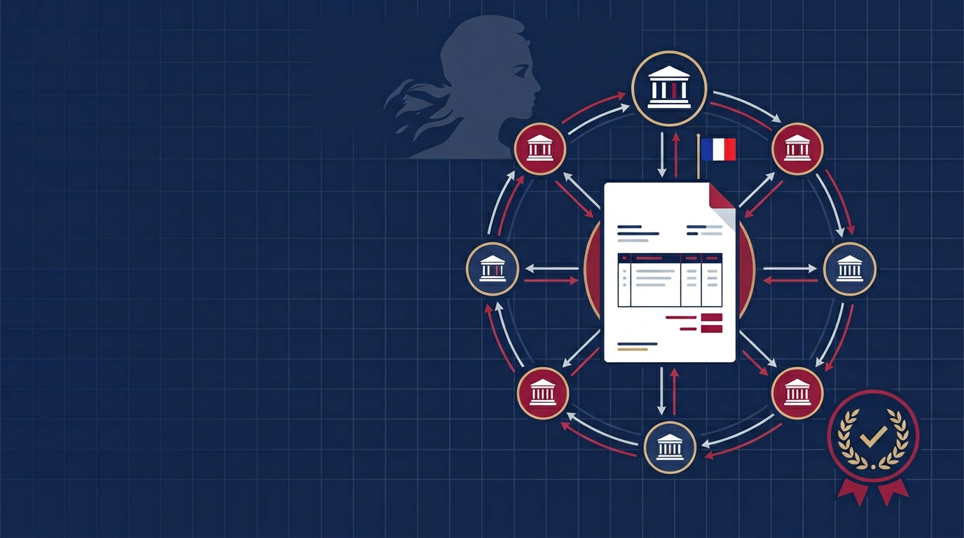 Editorial illustration of France's end-to-end e-invoicing compliance guide for the france e invoicing ppf pdp guide guide