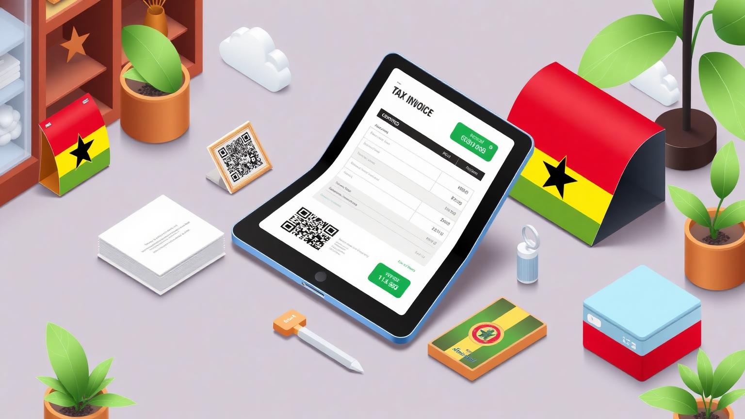 Editorial illustration of Ghana's e-invoicing compliance workflow for the how to comply with gra e vat ghana guide
