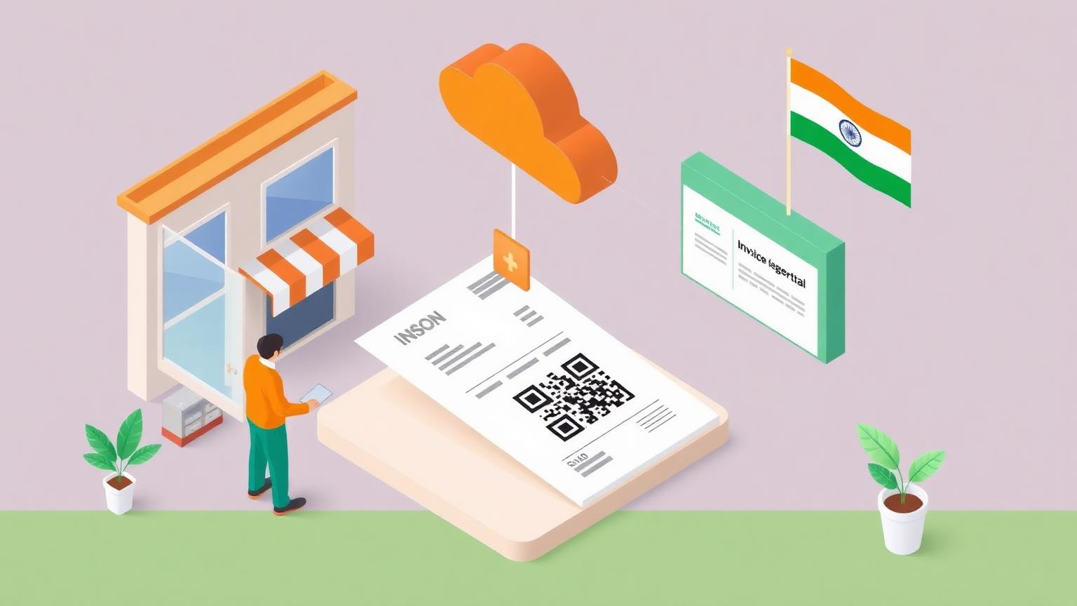 Editorial illustration of India's IRN issuance and QR-code validation for the how to comply with gst irn india guide