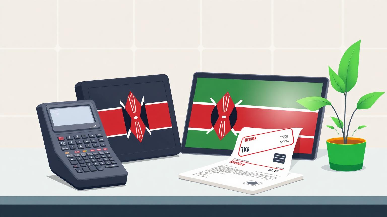 Editorial illustration of Kenya's KRA eTIMS device and invoice flow for the how to comply with kra etims kenya guide