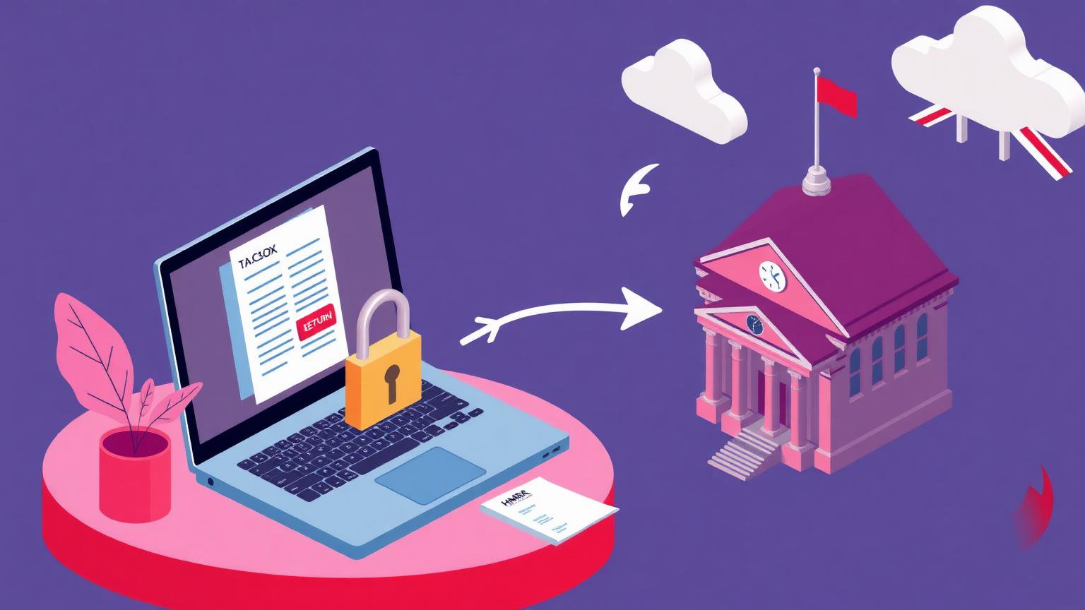 Editorial illustration of United Kingdom's e-invoicing compliance workflow for the how to comply with mtd uk guide