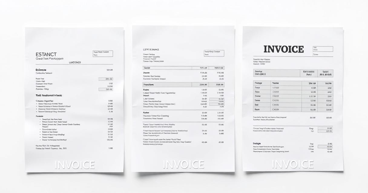 Three business documents side by side showing estimate quote and invoice differences