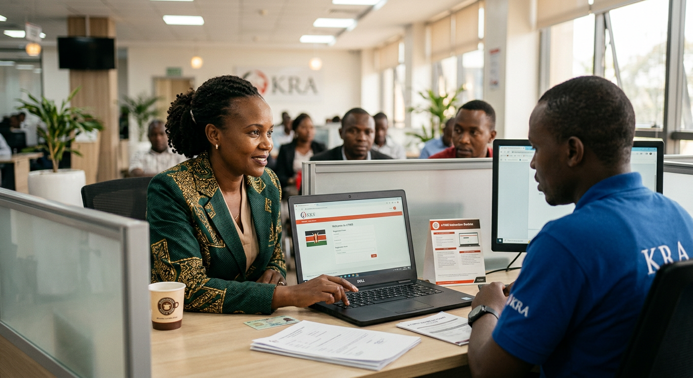 Editorial illustration of Kenya's KRA eTIMS device and invoice flow for the e invoicing kenya etims guide