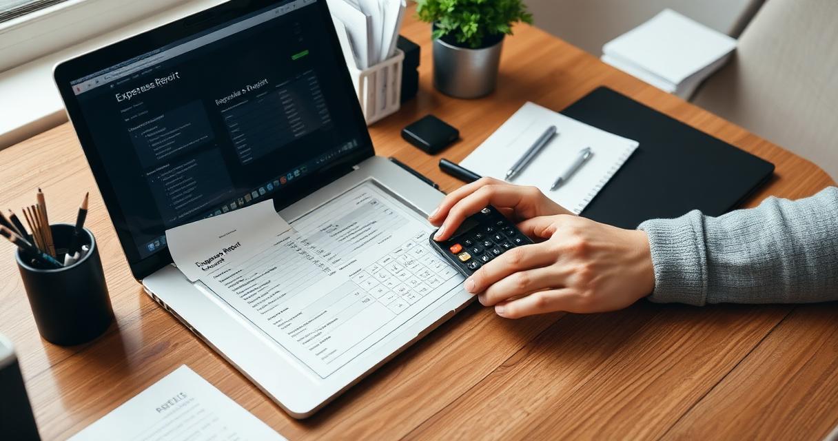 Freelancer creating expense report on laptop with receipts
