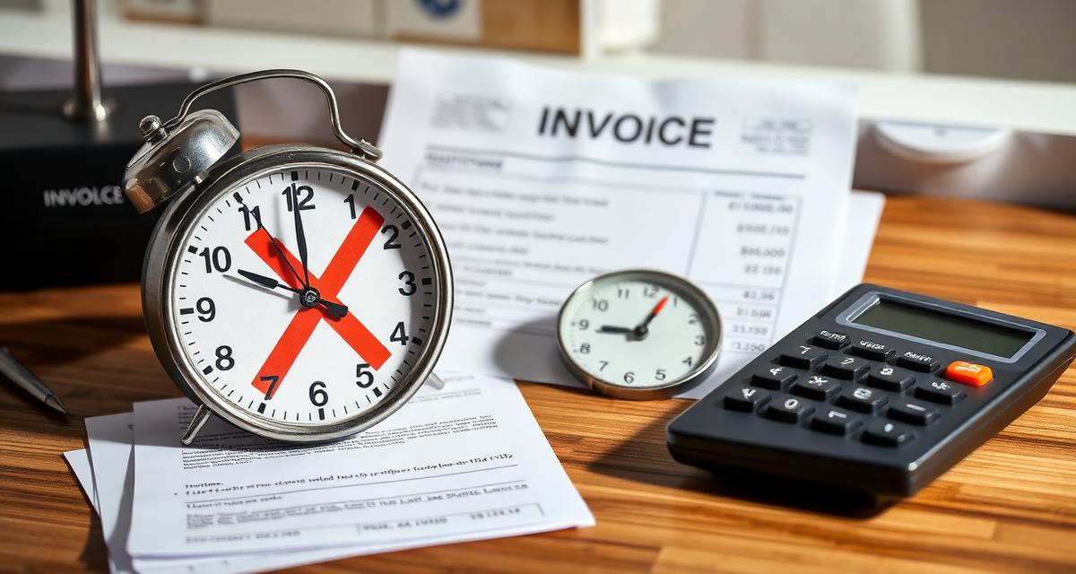 Frustrated freelancer looking at unpaid invoices on a laptop with scattered financial documents