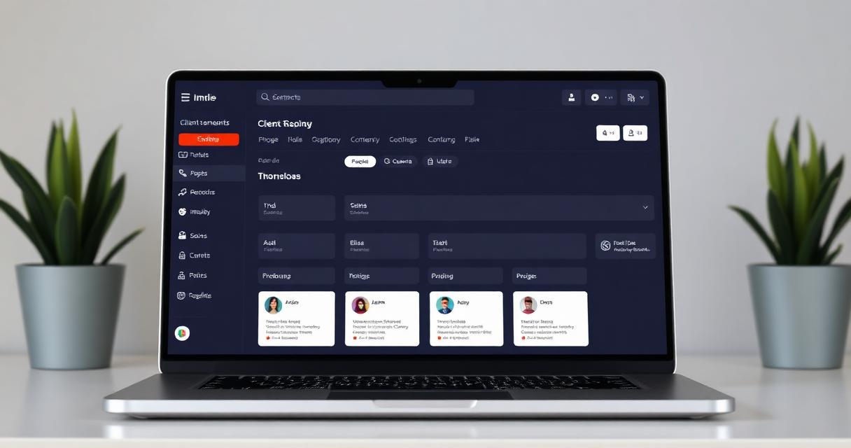 Laptop showing client management CRM interface for freelancers