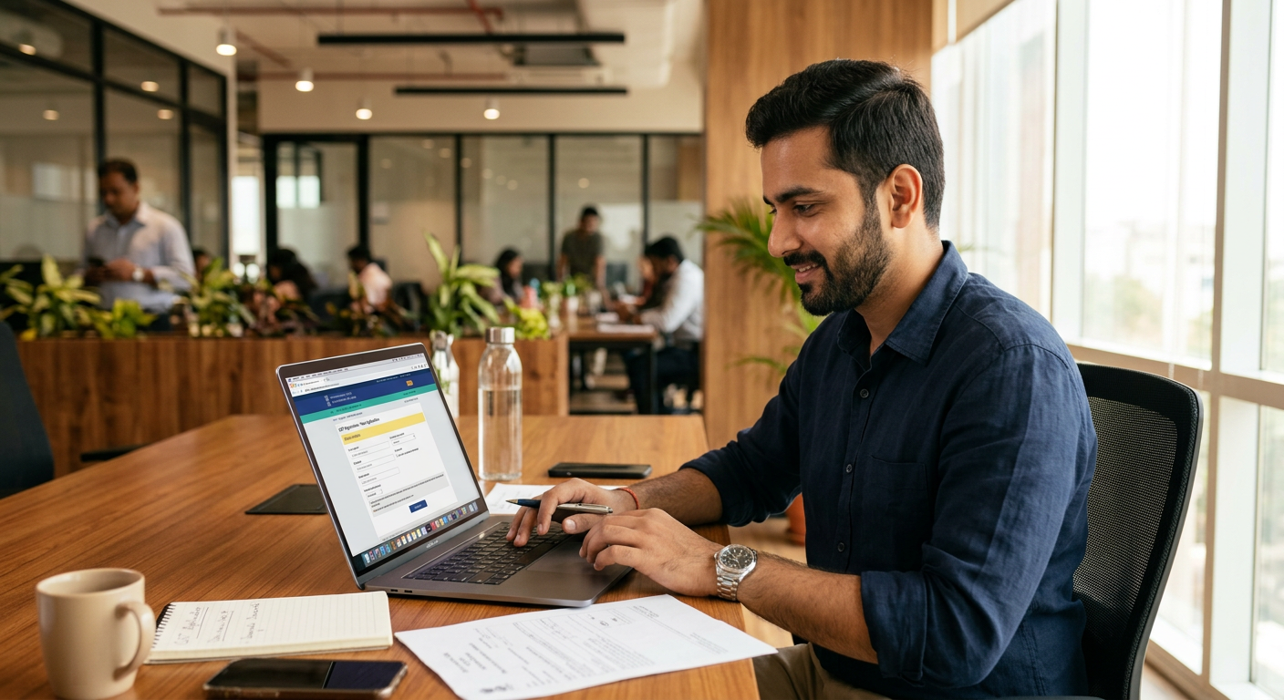 Editorial illustration of India's registration and onboarding workflow for the india gst registration small business guide