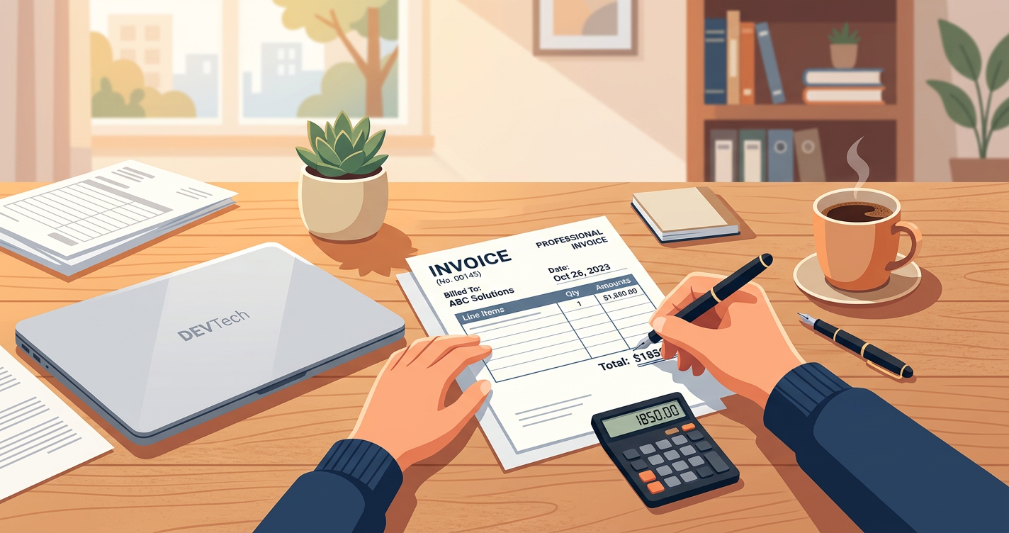 Freelancer writing their first professional invoice on laptop