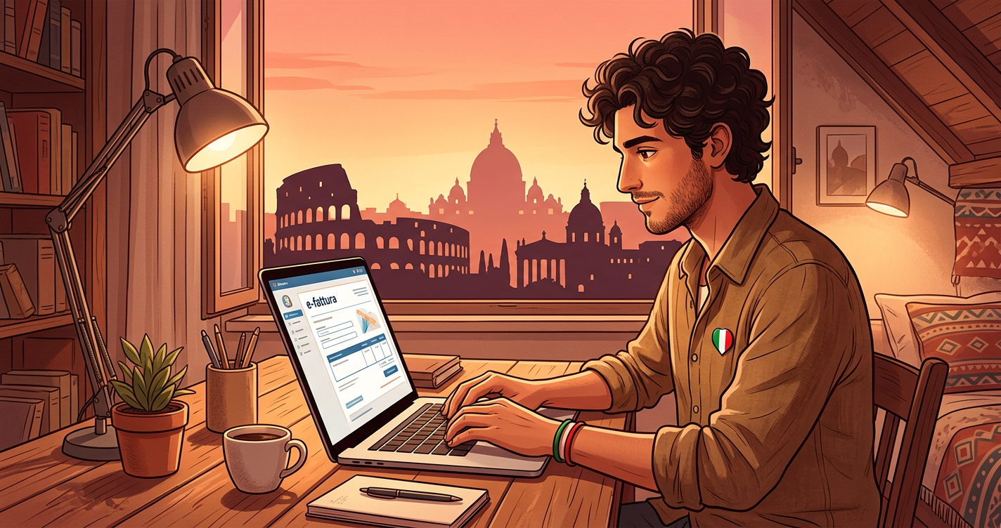 Italian freelancer working on electronic invoice using SDI system on laptop
