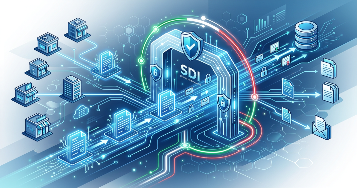 Diagram showing SDI electronic invoice flow between seller, SDI system, and buyer