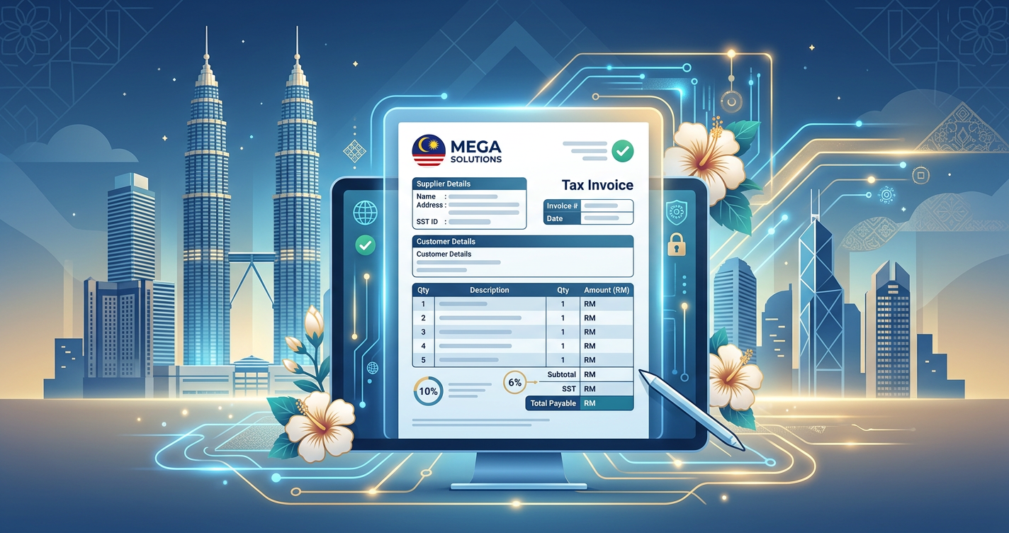Editorial illustration of Malaysia's e-invoicing compliance workflow for the malaysia sst invoice requirements guide
