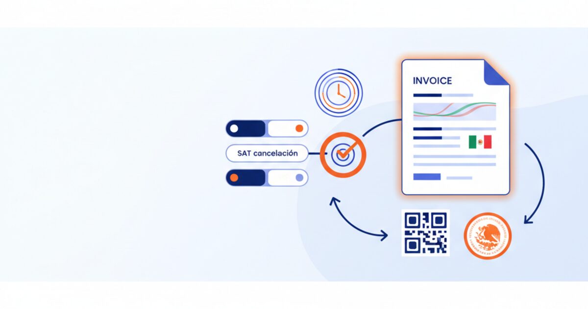 Editorial illustration of Mexico's e-invoicing compliance workflow for the mexico cfdi cancellation rules guide