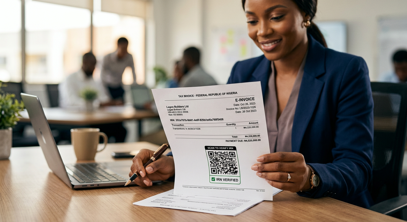 Editorial illustration of Nigeria's IRN issuance and QR-code validation for the nigeria invoice irn qr code guide