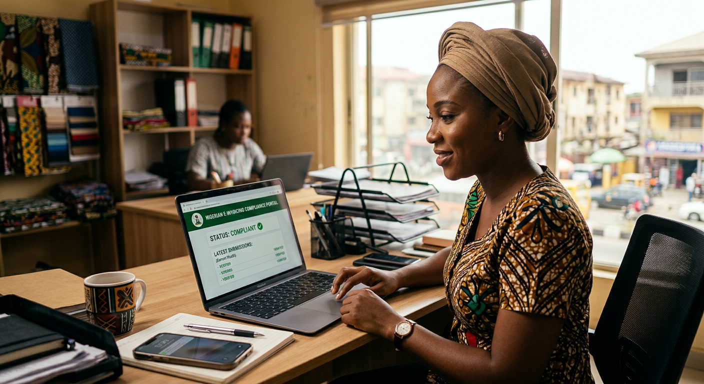 Editorial illustration of Nigeria's e-invoicing compliance workflow for the nigeria e invoicing small business guide