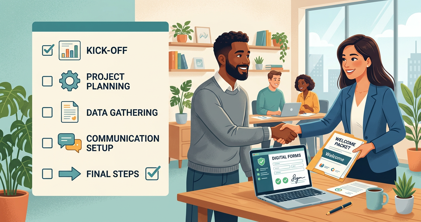 Client onboarding checklist with welcome packet materials
