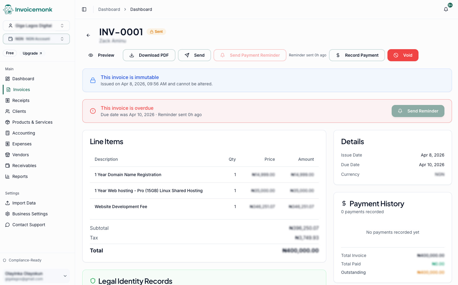 Overdue invoice in Invoicemonk showing the Send Reminder button and a Reminder sent 0h ago timestamp