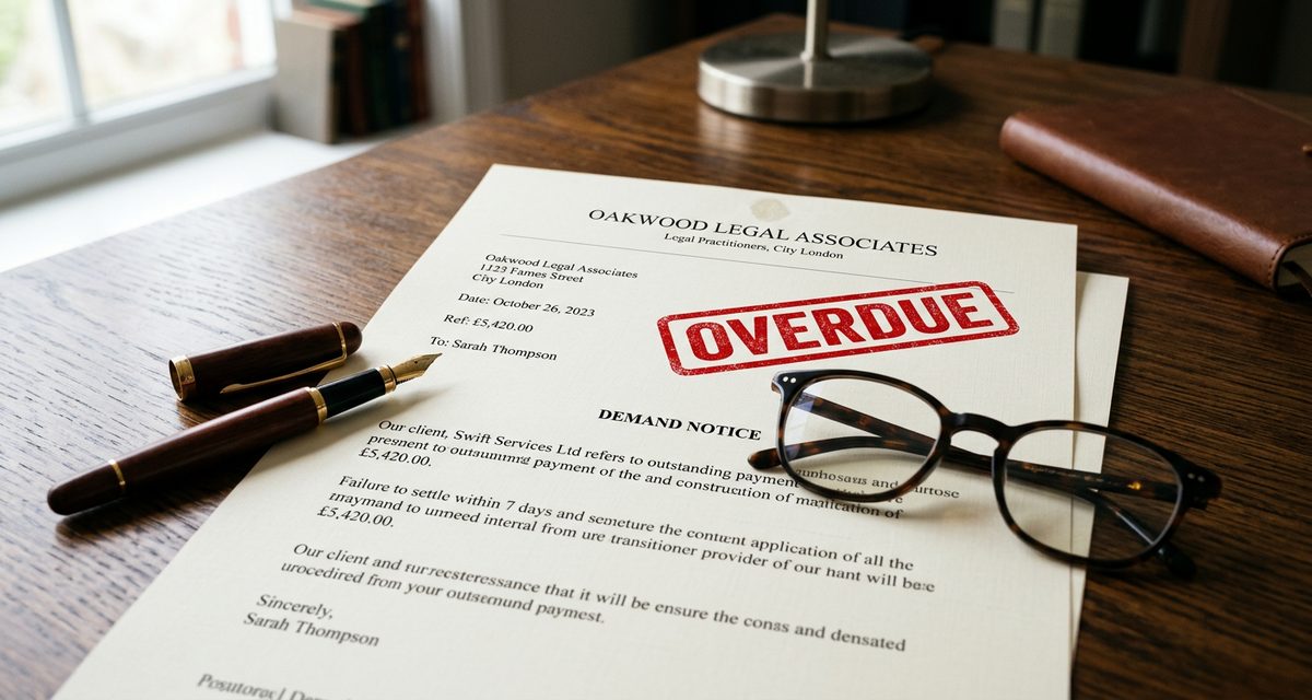 Professional demand letter for overdue invoice payment on desk