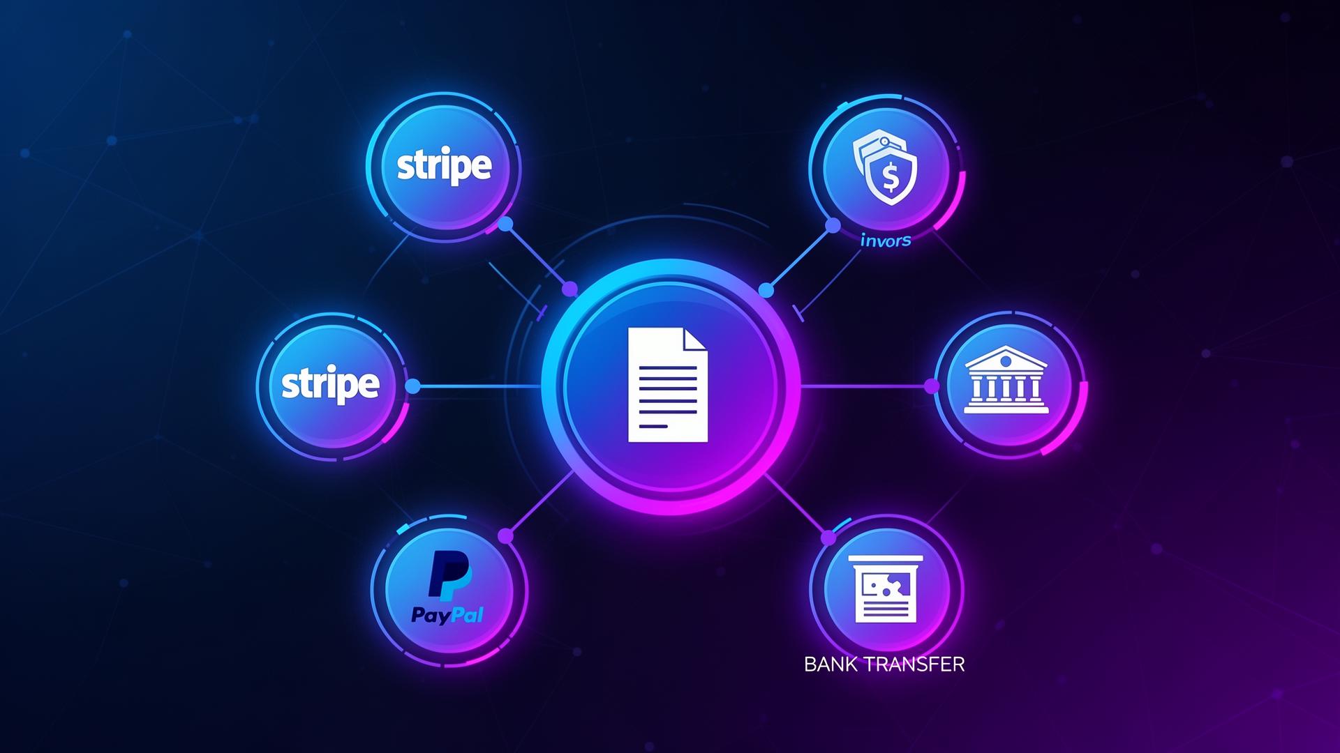 Payment gateway logos connected to invoicing software dashboard