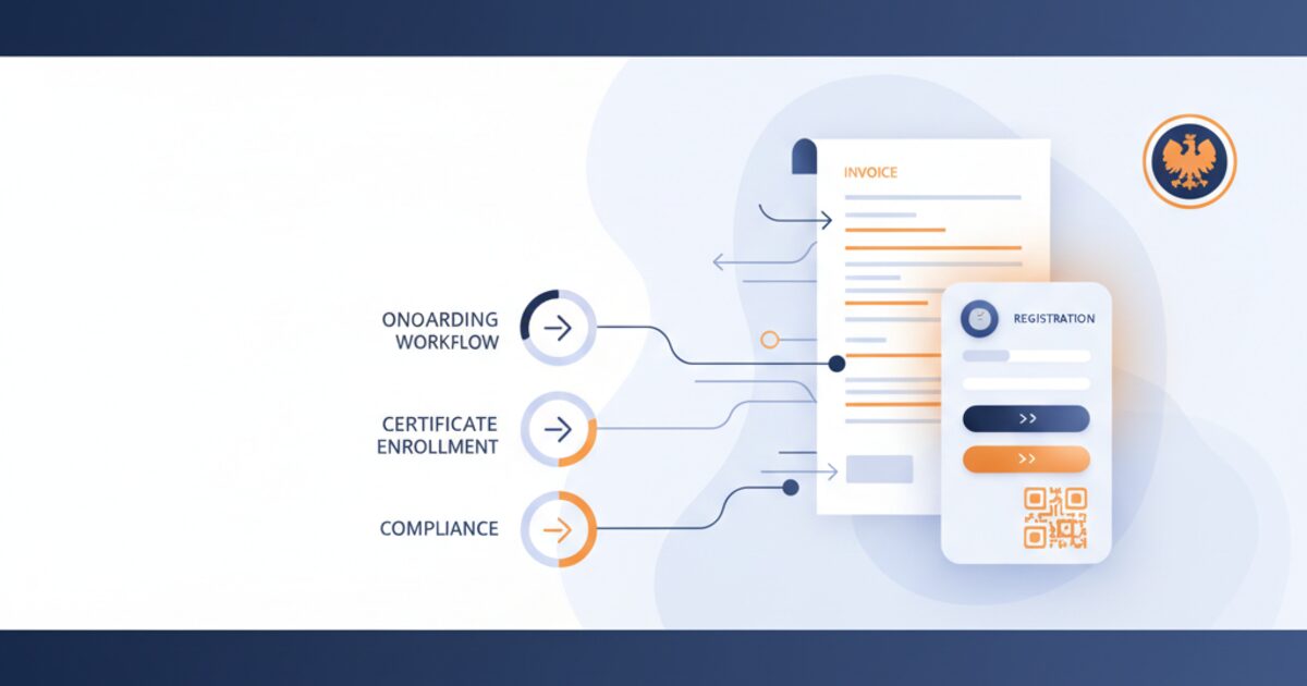 Editorial illustration of Poland's registration and onboarding workflow for the poland ksef registration setup guide guide