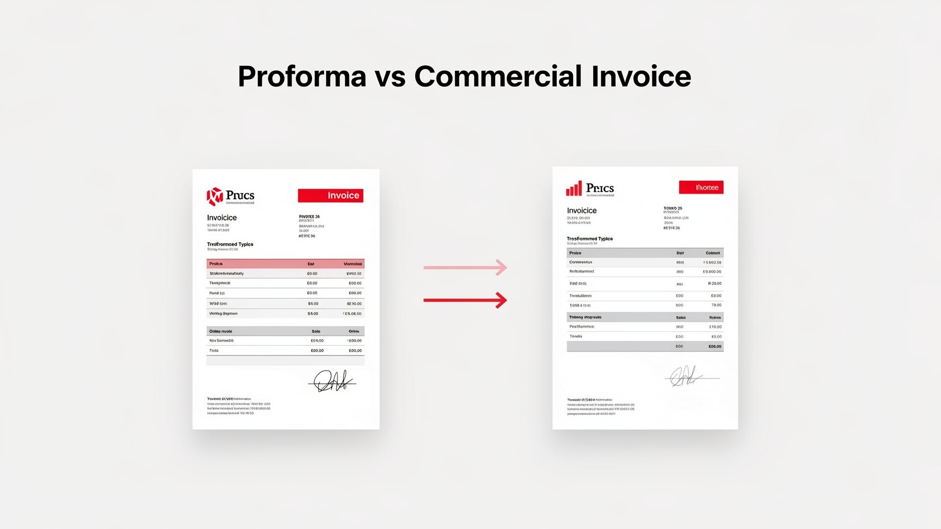 Comparison of proforma invoice and commercial invoice documents