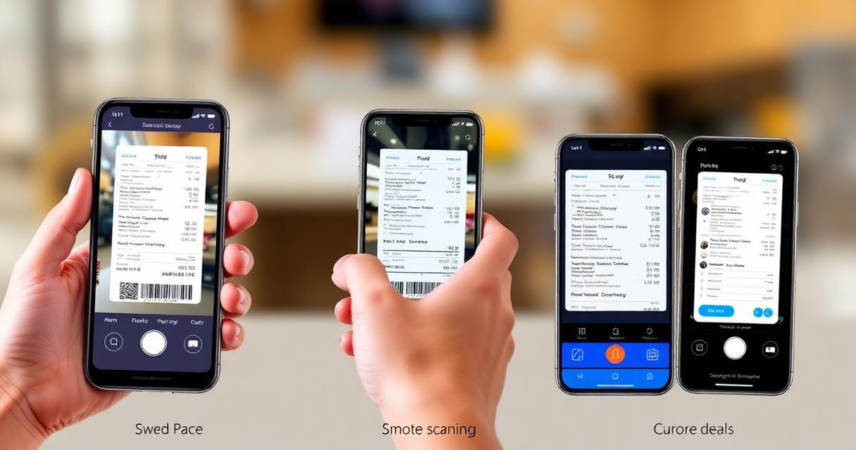 Smartphones showing different receipt scanning apps side by side