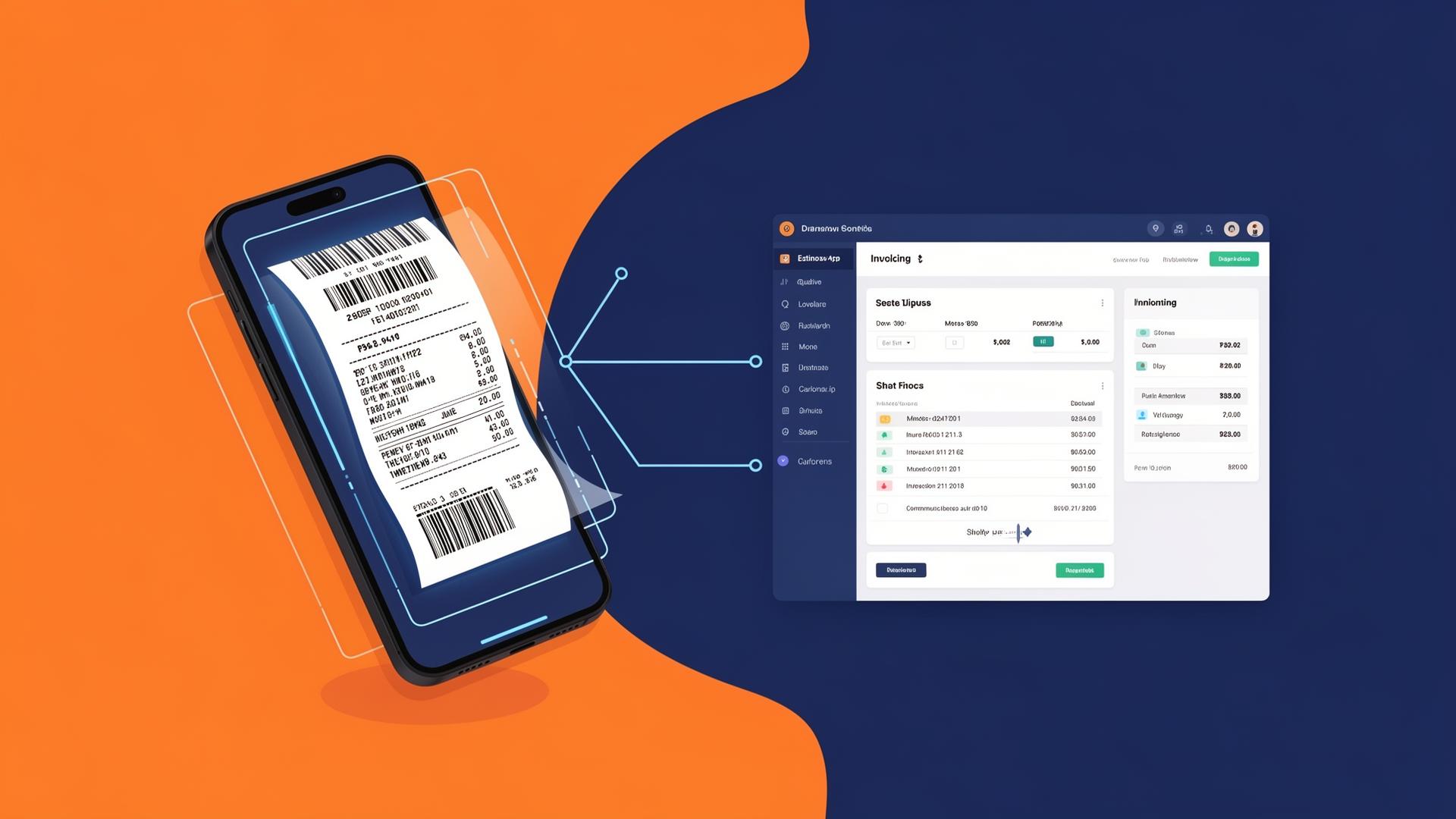 Freelancer scanning a receipt with smartphone connected to invoicing app