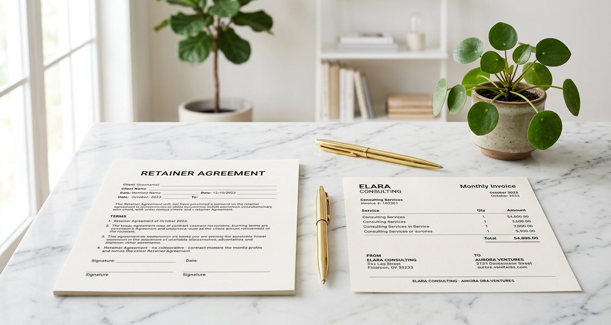 Professional retainer invoice template on laptop screen with monthly billing details