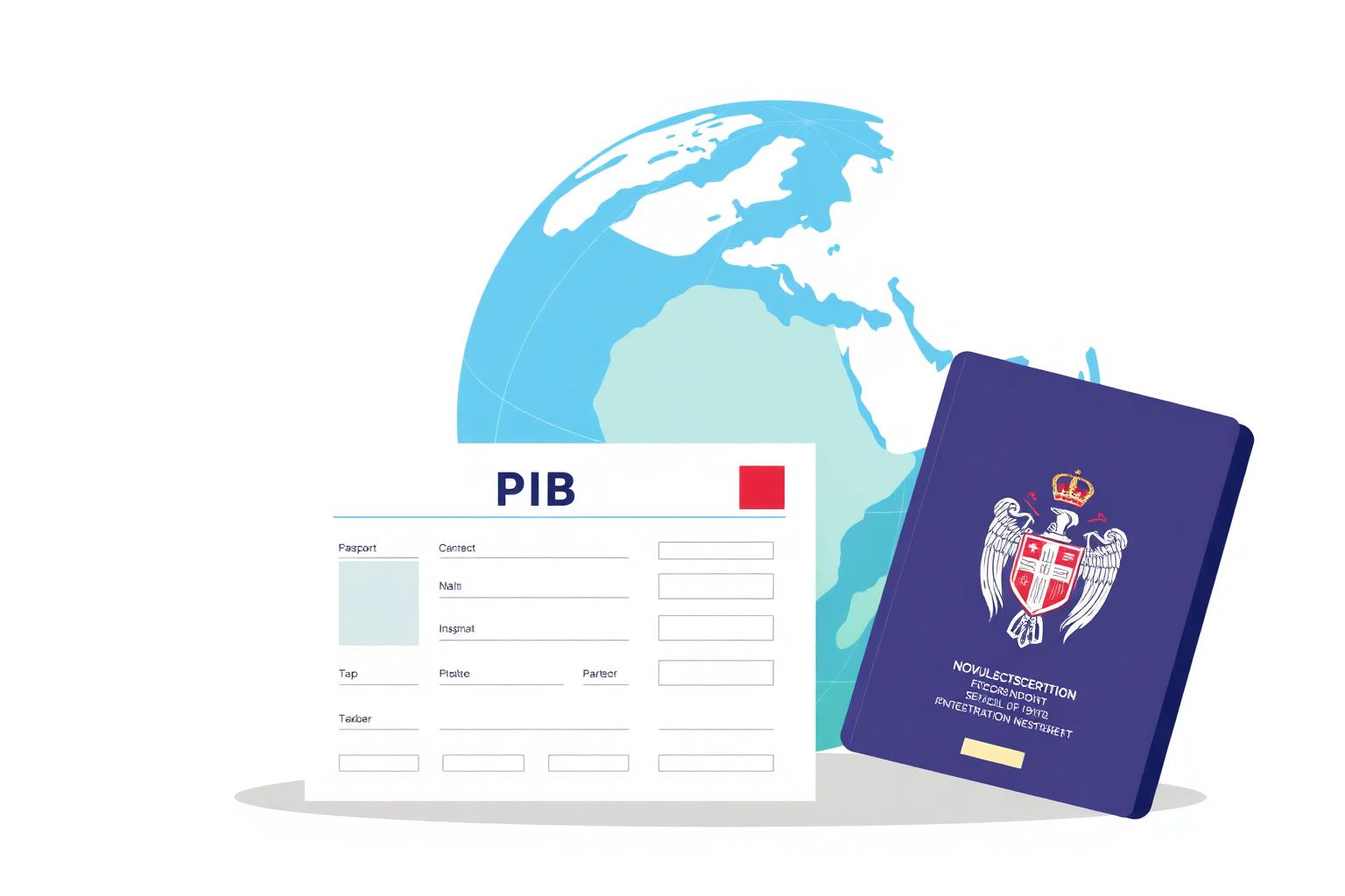 Passport and globe beside a Serbian PIB tax-ID form for foreign companies