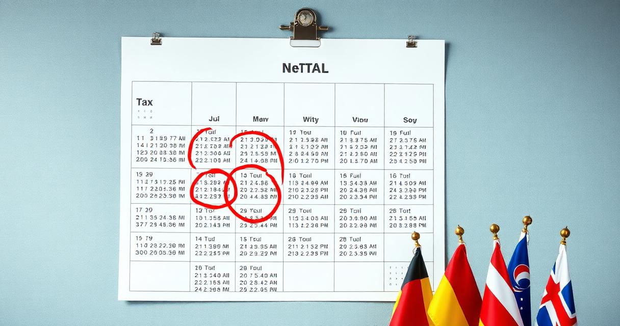 Calendar with highlighted tax deadline dates by country