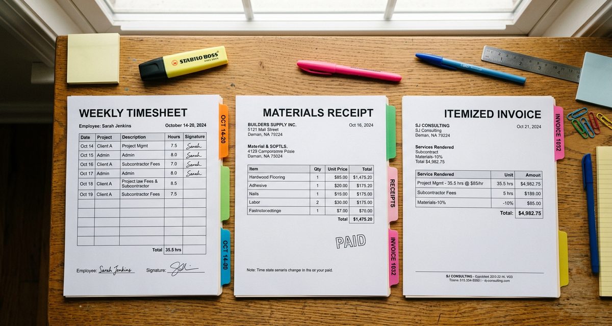 Time and materials invoice with detailed hourly breakdown and materials list