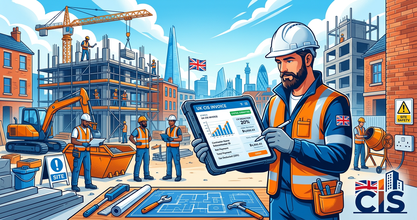 Editorial illustration of United Kingdom's e-invoicing compliance workflow for the uk cis reverse charge invoicing guide