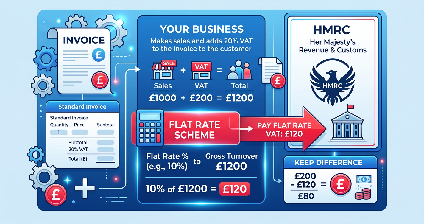 Editorial illustration of United Kingdom's e-invoicing compliance workflow for the uk vat flat rate scheme invoicing guide
