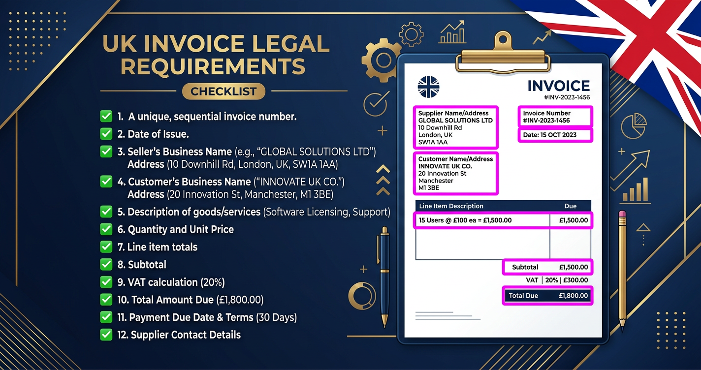 Editorial illustration of United Kingdom's e-invoicing compliance workflow for the uk invoice requirements hmrc 2026 guide